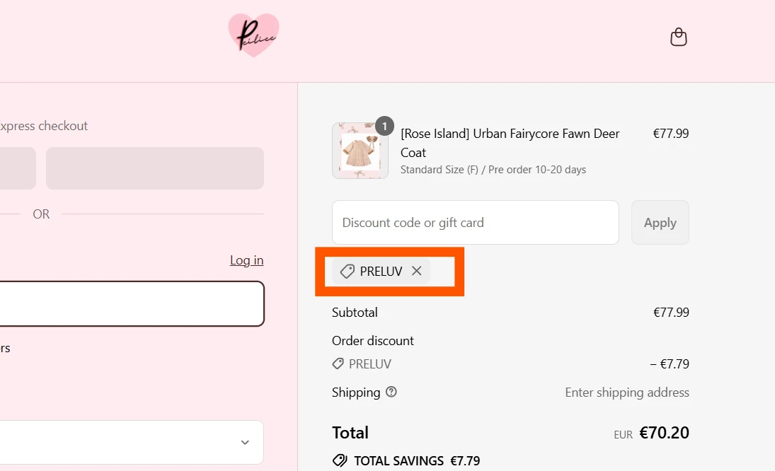 Peiliee Shop verified Coupon code PRELUV